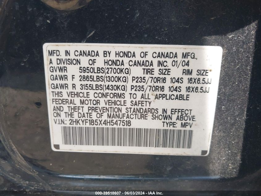 2004 Honda Pilot Ex-L VIN: 2HKYF185X4H547518 Lot: 39518607