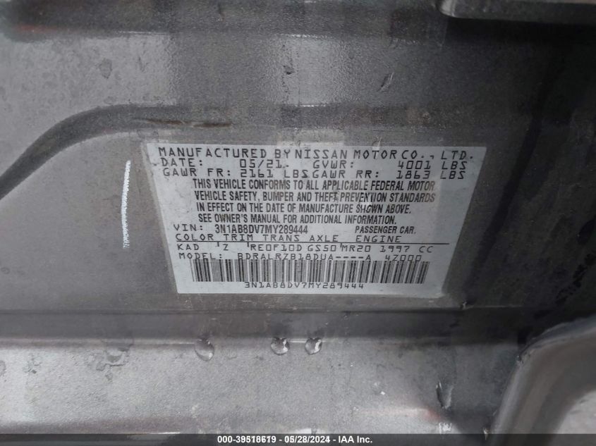 2021 Nissan Sentra Sr Xtronic Cvt VIN: 3N1AB8DV7MY289444 Lot: 39518619