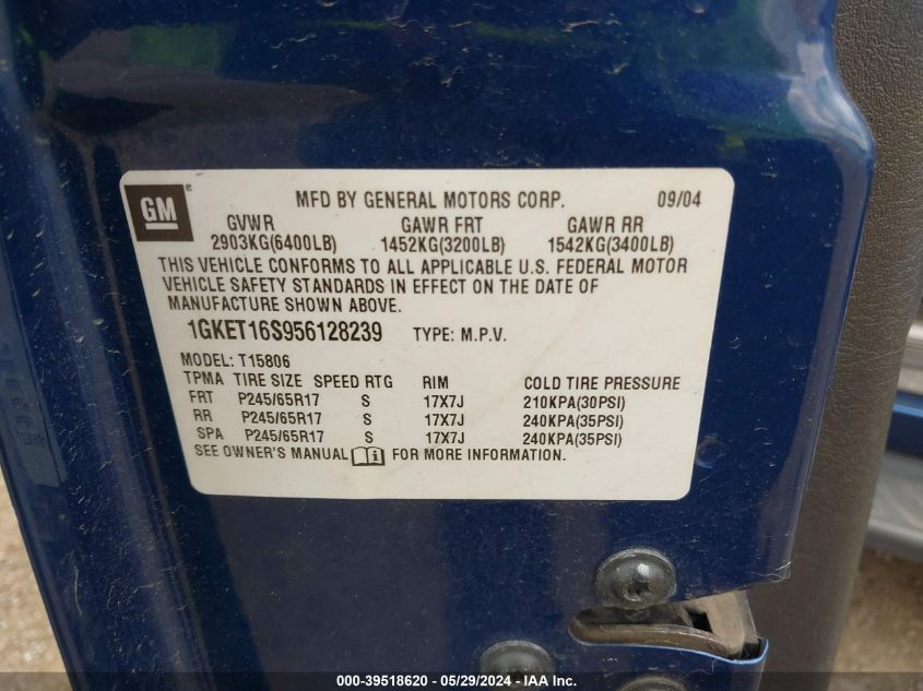 2005 GMC Envoy Xl Sle VIN: 1GKET16S956128239 Lot: 39518620