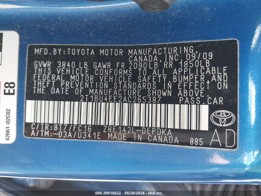 2010 Toyota Corolla Le VIN: 2T1BU4EE2AC265387 Lot: 39518632