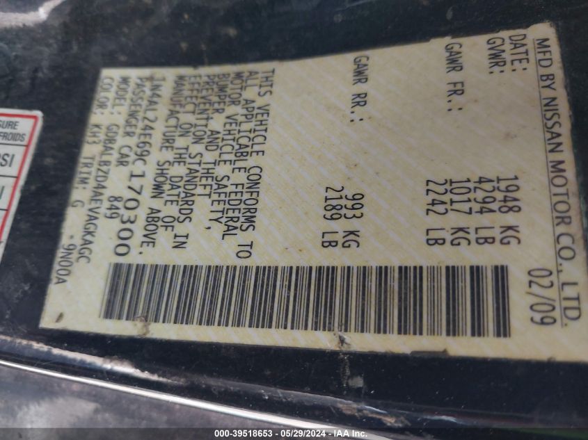 2009 Nissan Altima 2.5 S VIN: 1N4AL24E69C170300 Lot: 39518653