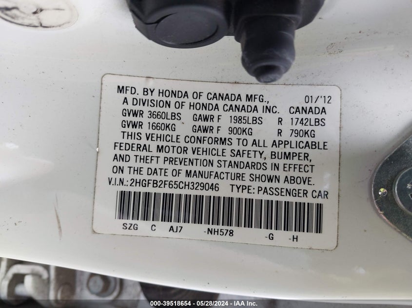 2012 Honda Civic Hf VIN: 2HGFB2F65CH329046 Lot: 39518654
