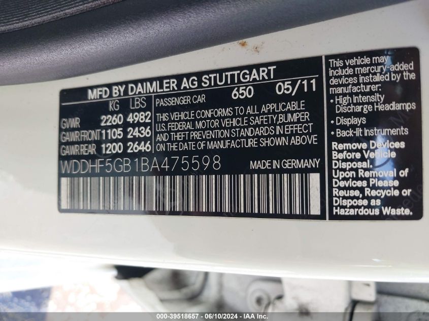 2011 Mercedes-Benz E 350 VIN: WDDHF5GB1BA475598 Lot: 39518657