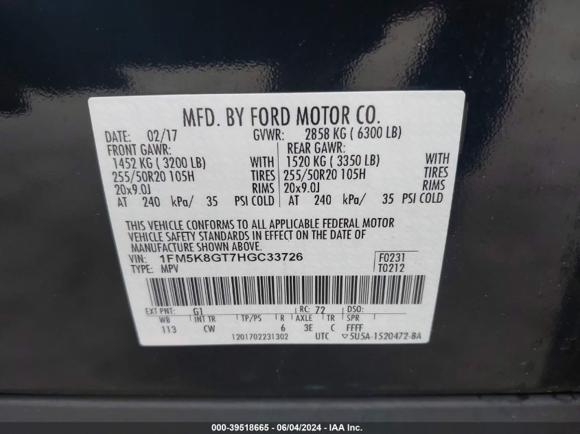 2017 Ford Explorer Sport VIN: 1FM5K8GT7HGC33726 Lot: 39518665