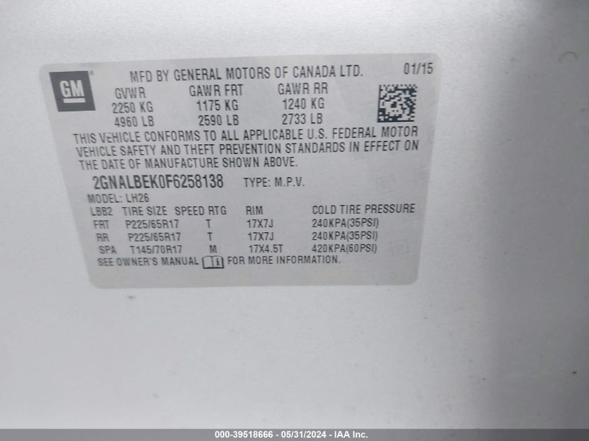 2015 Chevrolet Equinox 1Lt VIN: 2GNALBEK0F6258138 Lot: 39518666