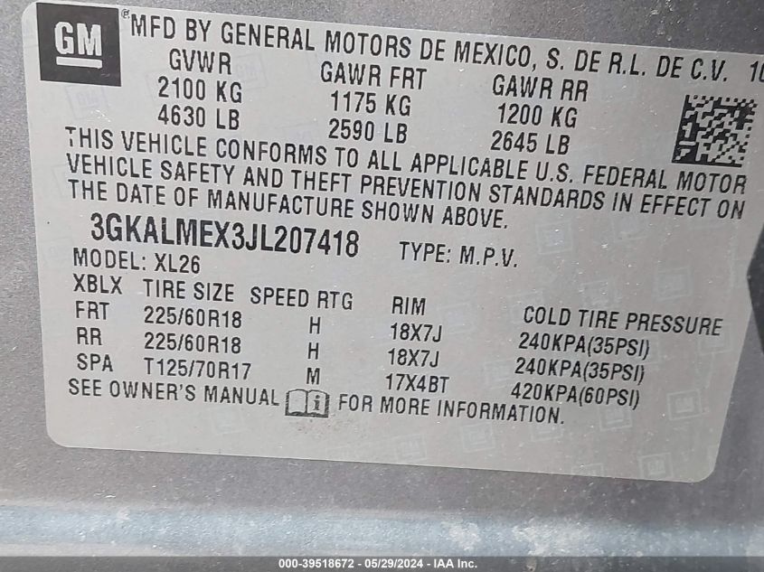 2018 GMC Terrain Sle VIN: 3GKALMEX3JL207418 Lot: 39518672