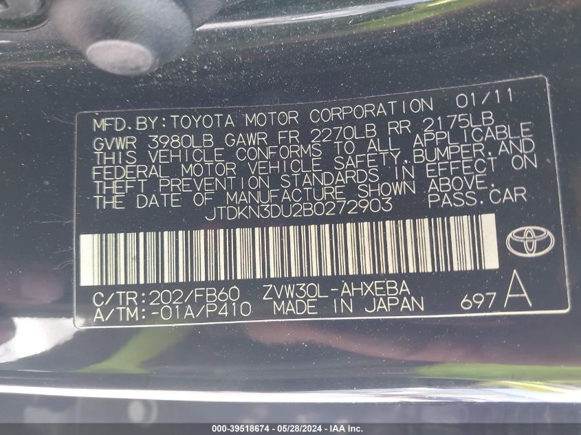 2011 Toyota Prius Three VIN: JTDKN3DU2B0272903 Lot: 39518674