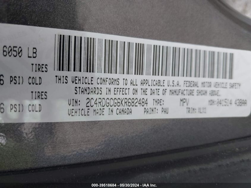 2019 Dodge Grand Caravan Sxt VIN: 2C4RDGCG6KR682484 Lot: 39518684