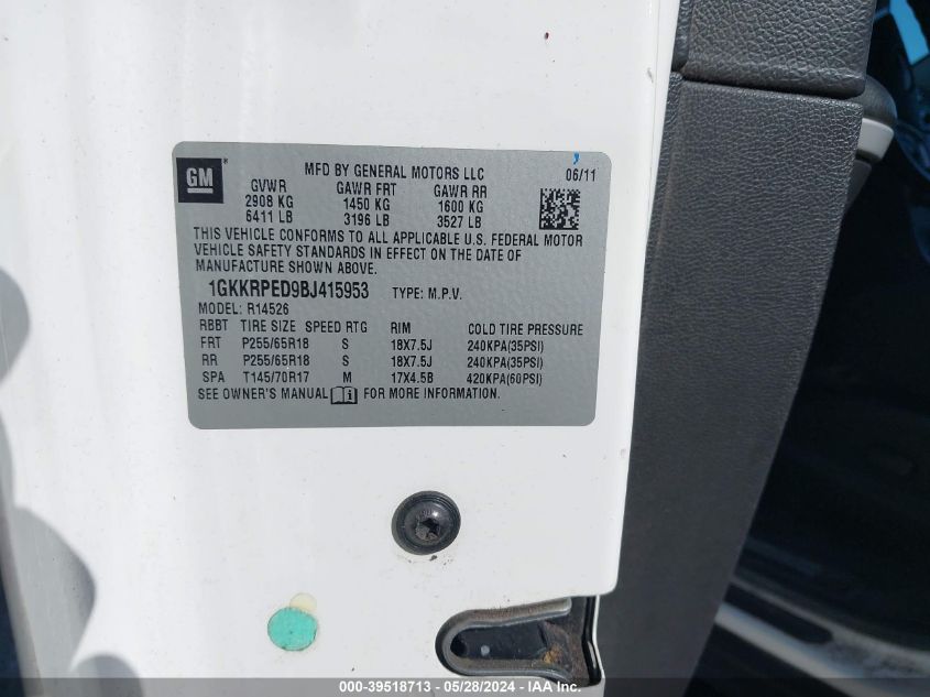 2011 GMC Acadia Sle VIN: 1GKKRPED9BJ415953 Lot: 39518713
