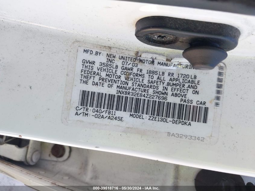 2004 Toyota Corolla Ce VIN: 1NXBR32E84Z227696 Lot: 39518716