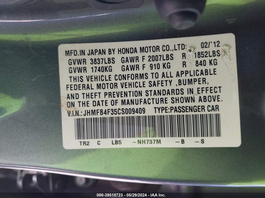 2012 Honda Civic Hybrid VIN: JHMFB4F35CS009409 Lot: 39518723