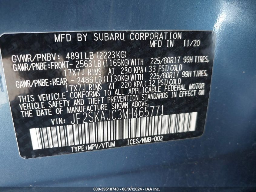 2021 Subaru Forester Premium VIN: JF2SKAJC3MH465771 Lot: 39518740