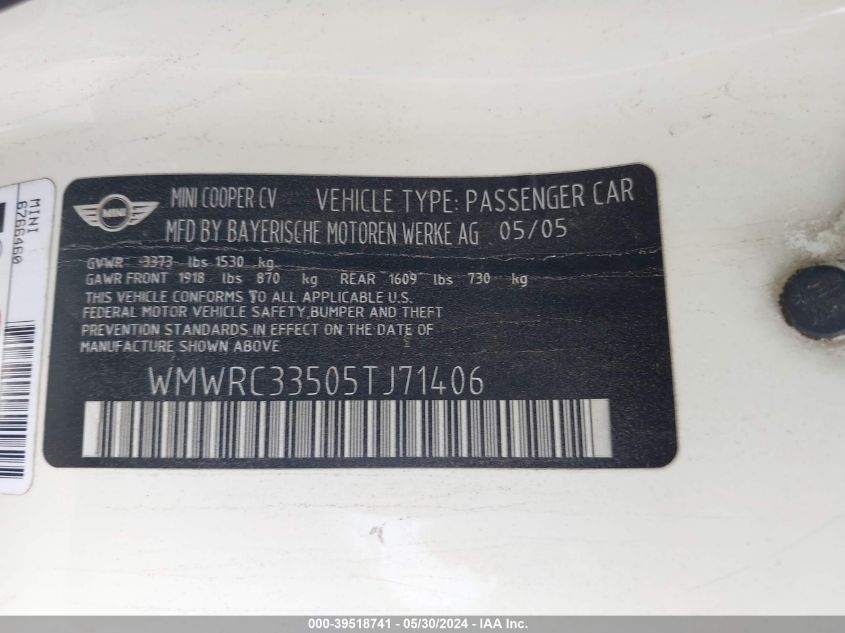 2005 Mini Cooper VIN: 0WMWRC33505TJ7140 Lot: 39518741