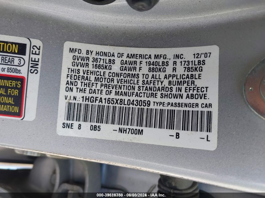 1HGFA165X8L043059 2008 Honda Civic Lx