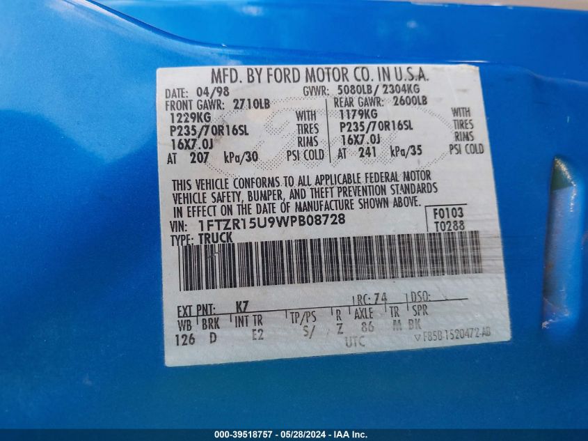 1998 Ford Ranger Splash/Xl/Xlt VIN: 1FTZR15U9WPB08728 Lot: 39518757