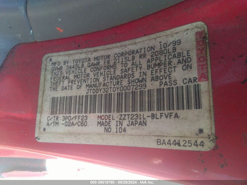 2000 Toyota Celica Gts VIN: JTDDY32T0Y0007299 Lot: 39518760