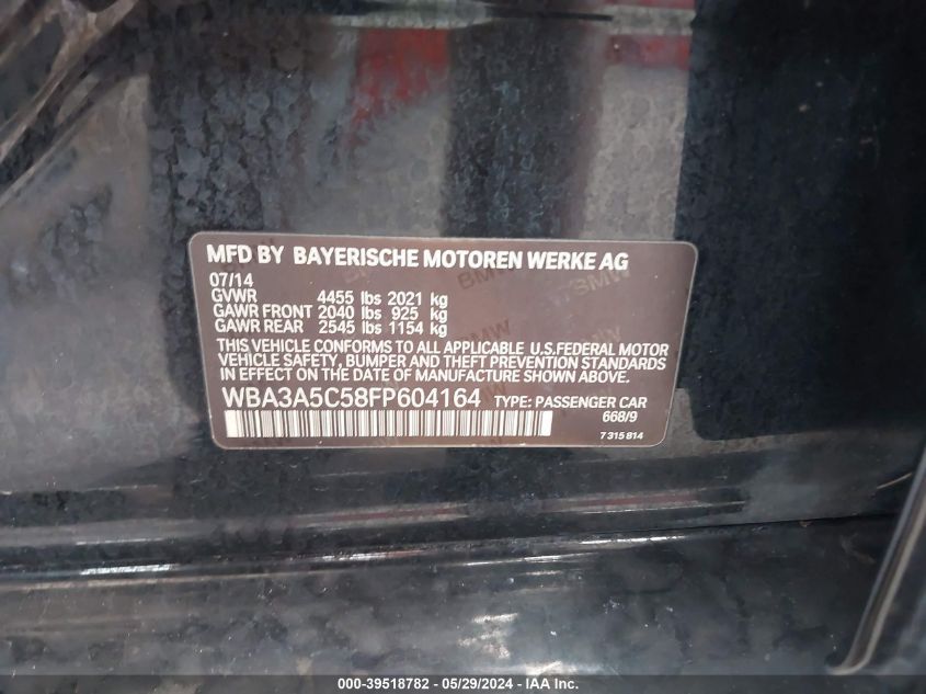 2015 BMW 328I VIN: WBA3A5C58FP604164 Lot: 39518782