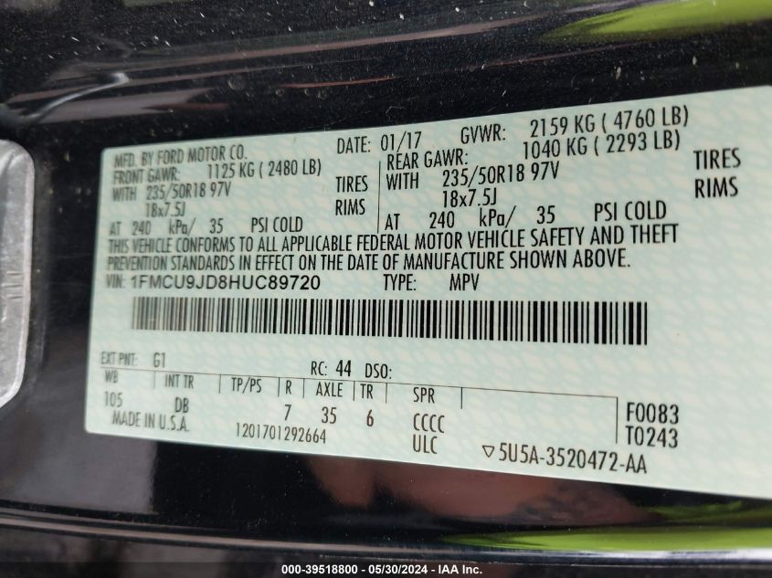 2017 Ford Escape Titanium VIN: 1FMCU9JD8HUC89720 Lot: 39518800