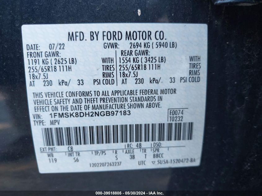 2022 Ford Explorer Xlt VIN: 1FMSK8DH2NGB97183 Lot: 39518805