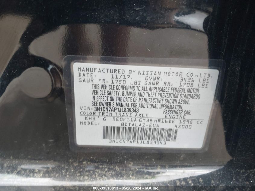 2018 Nissan Versa 1.6 S+ VIN: 3N1CN7AP1JL839343 Lot: 39518813