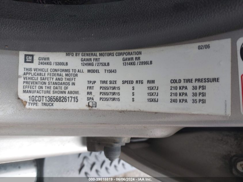 2006 Chevrolet Colorado Lt VIN: 1GCDT136568261715 Lot: 39518819