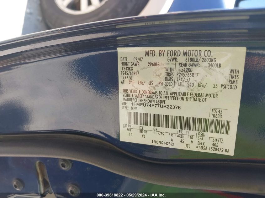 2007 Ford Explorer Eddie Bauer VIN: 1FMEU74E77UB22376 Lot: 39518822