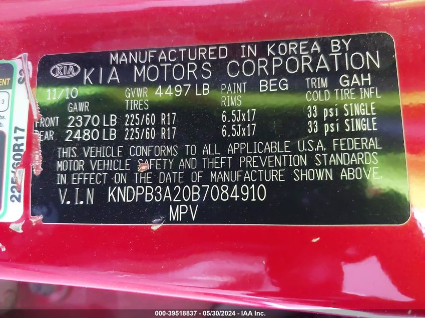 2011 Kia Sportage Lx VIN: KNDPB3A20B7084910 Lot: 39518837