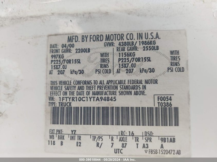 2000 Ford Ranger Xl/Xlt VIN: 1FTYR10C1YTA94845 Lot: 39518844