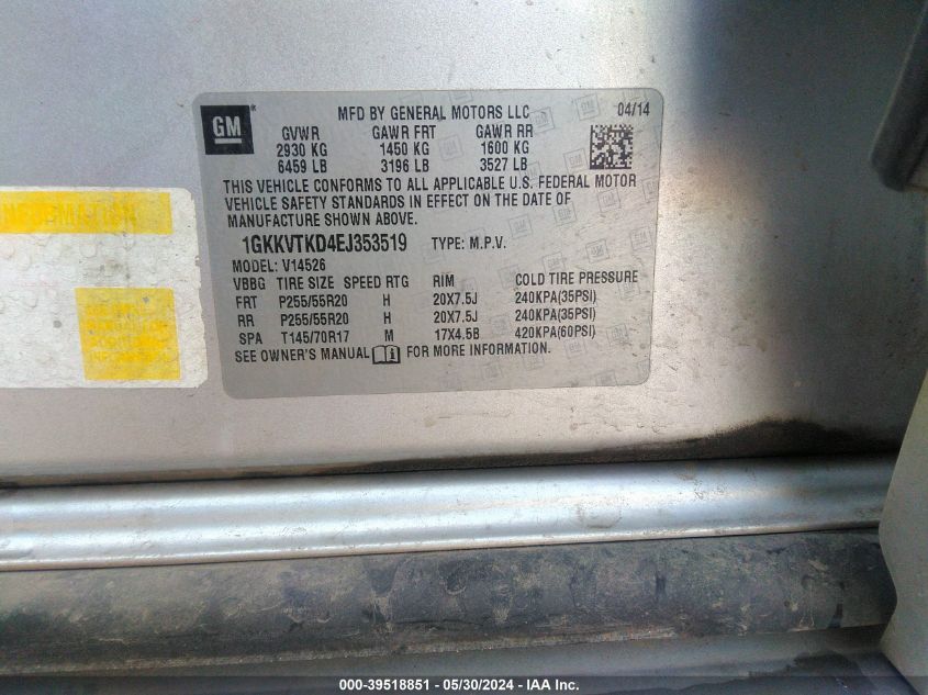 2014 GMC Acadia Denali VIN: 1GKKVTKD4EJ353519 Lot: 39518851