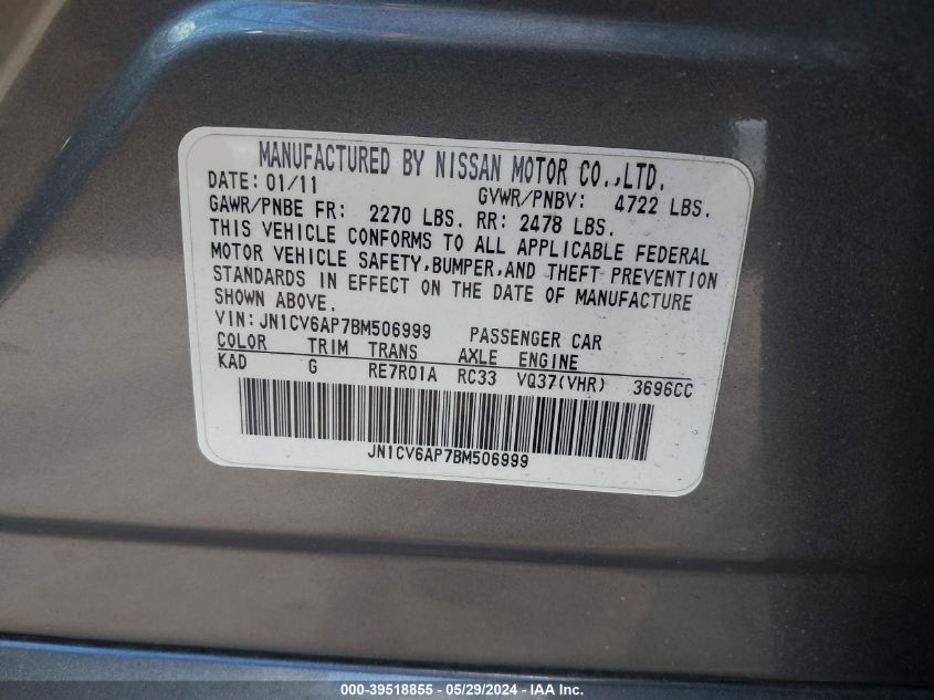 2011 Infiniti G37 Sport Appearance Edition VIN: JN1CV6AP7BM506999 Lot: 39518855