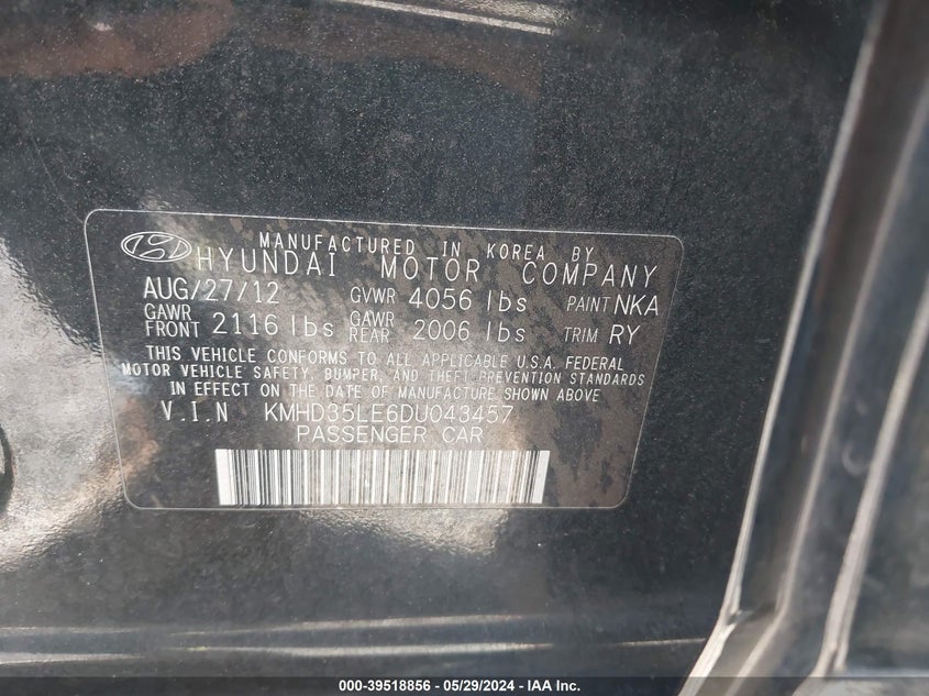 2013 Hyundai Elantra Gt VIN: KMHD35LE6DU043457 Lot: 39518856