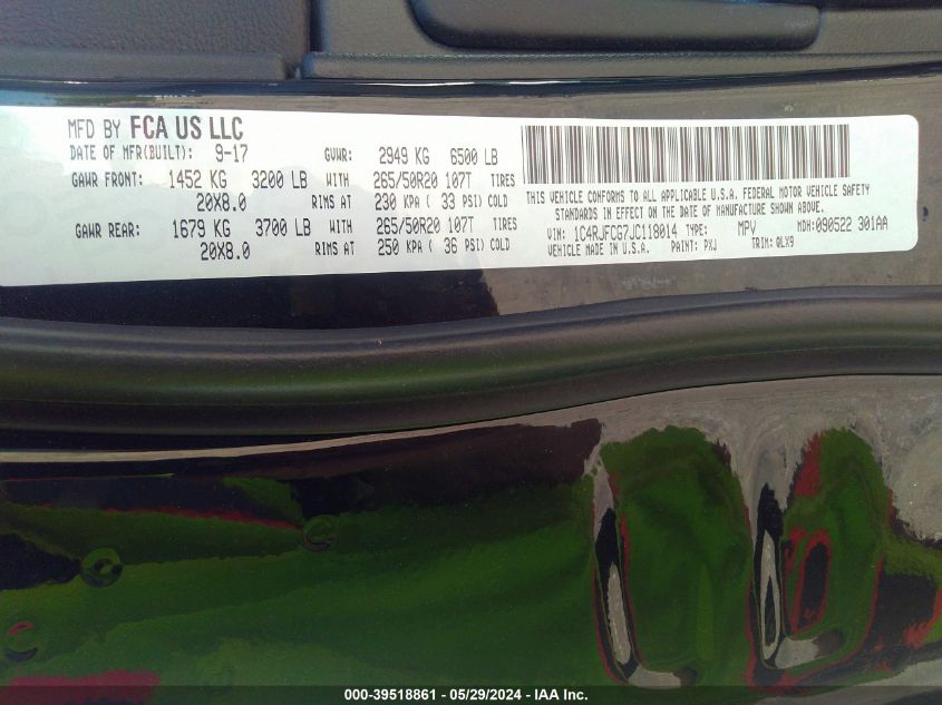 2018 Jeep Grand Cherokee High Altitude 4X4 VIN: 1C4RJFCG7JC118014 Lot: 39518861