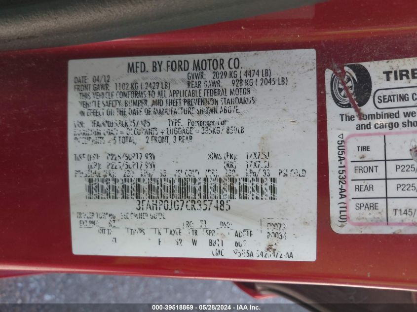 2012 Ford Fusion Sel VIN: 3FAHP0JG7CR357485 Lot: 39518869