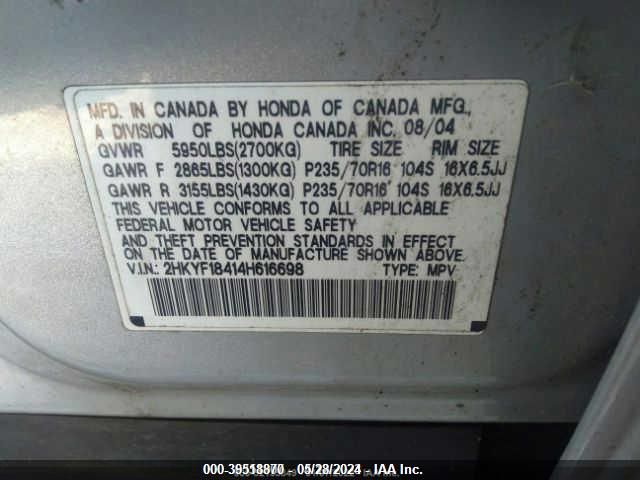 2004 Honda Pilot Ex VIN: 2HKYF18414H616698 Lot: 39518870