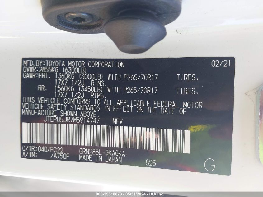 2021 Toyota 4Runner Trd Off Road VIN: JTEPU5JR7M5914747 Lot: 39518878