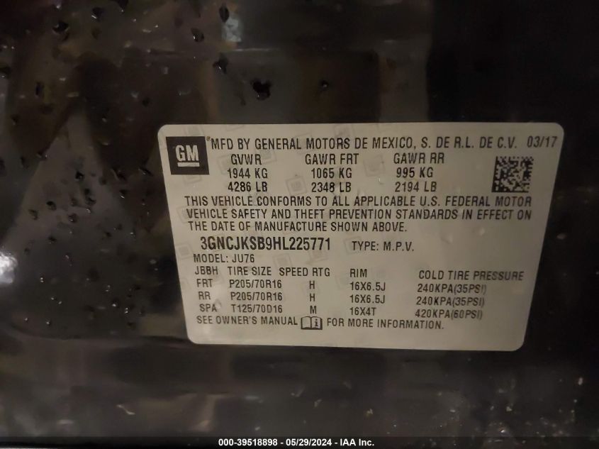 2017 Chevrolet Trax Ls VIN: 3GNCJKSB9HL225771 Lot: 39518898
