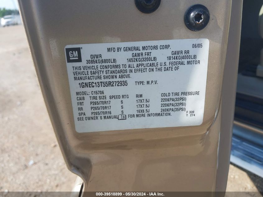 2005 Chevrolet Tahoe Lt VIN: 1GNEC13T55R272935 Lot: 39518899