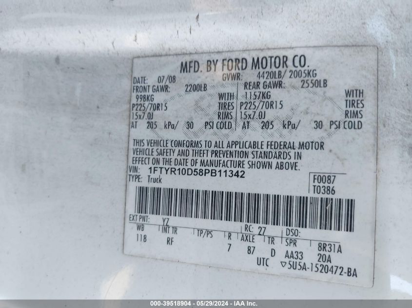 2008 Ford Ranger Xl/Xlt VIN: 1FTYR10D58PB11342 Lot: 39518904