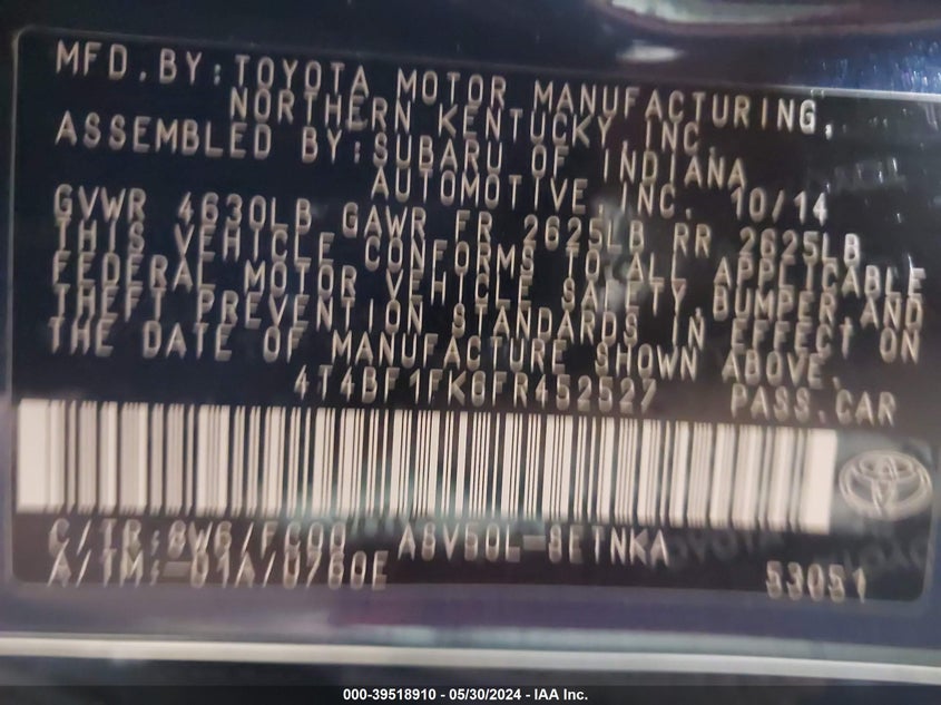 2015 Toyota Camry Le VIN: 4T4BF1FK6FR452527 Lot: 39518910