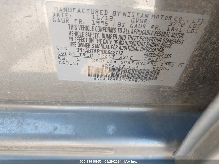 2013 Nissan Sentra Sv VIN: 3N1AB7AP1DL642712 Lot: 39518950