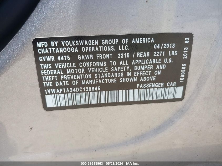 2013 Volkswagen Passat 2.5L S VIN: 1VWAP7A34DC125845 Lot: 39518953