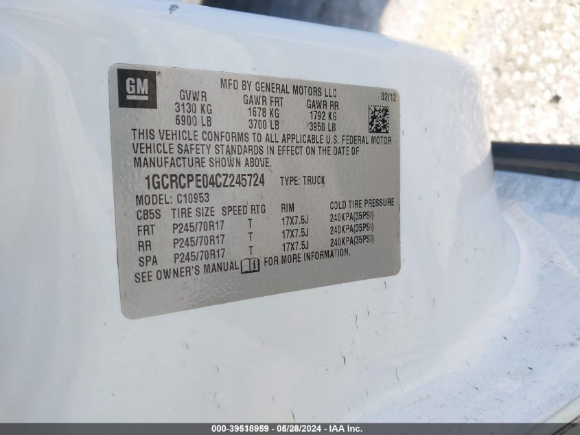 2012 Chevrolet Silverado VIN: 1GCRCPE04CZ245724 Lot: 39518959