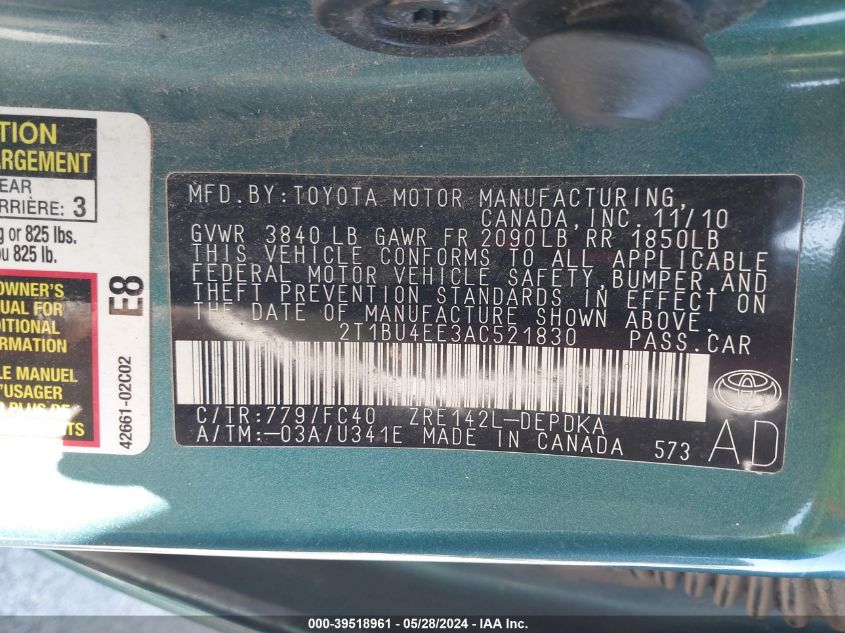 2010 Toyota Corolla Le VIN: 2T1BU4EE3AC521830 Lot: 39518961