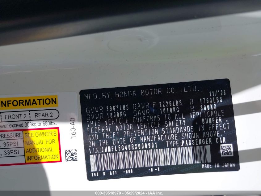 2024 Honda Civic Type R Base (M6) VIN: JHMFL5G40RX000901 Lot: 39518970