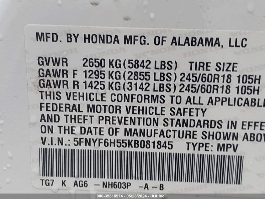 2019 Honda Pilot Ex-L VIN: 5FNYF6H55KB081845 Lot: 39518974