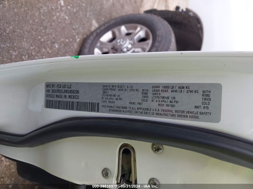 2021 Ram 2500 Big Horn 4X4 6'4 Box VIN: 3C6UR5DL8MG656206 Lot: 39518975