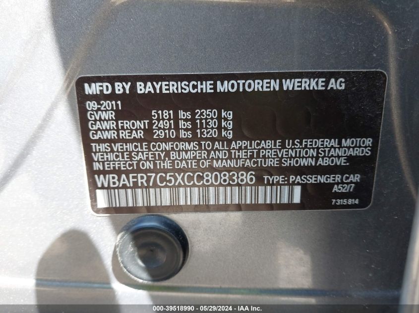 2012 BMW 535I VIN: WBAFR7C5XCC808386 Lot: 39518990