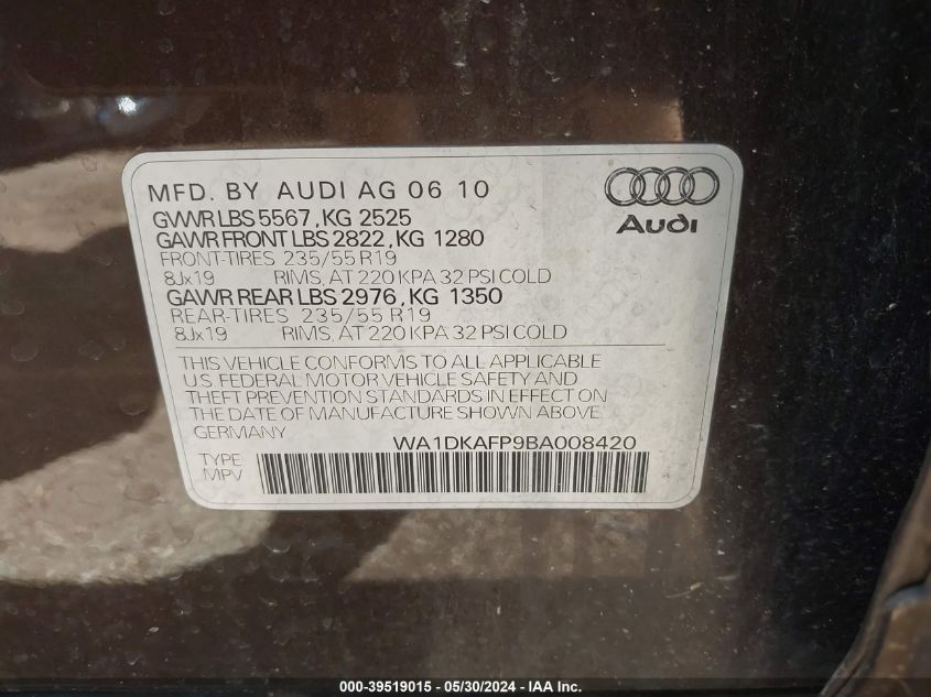 2011 Audi Q5 3.2 Premium Plus VIN: WA1DKAFP9BA008420 Lot: 39519015