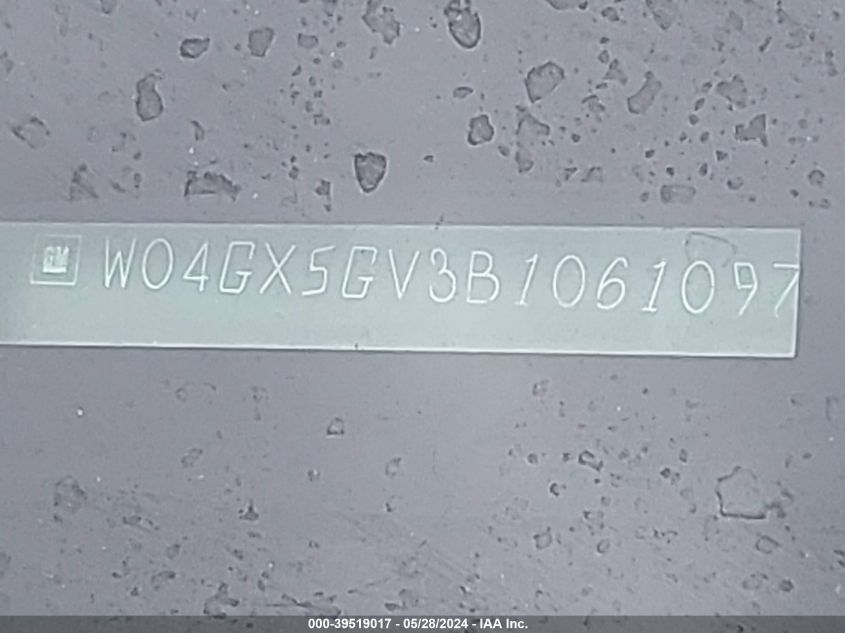 2011 Buick Regal Cxl Turbo To3 VIN: W04GX5GV3B1061097 Lot: 39519017