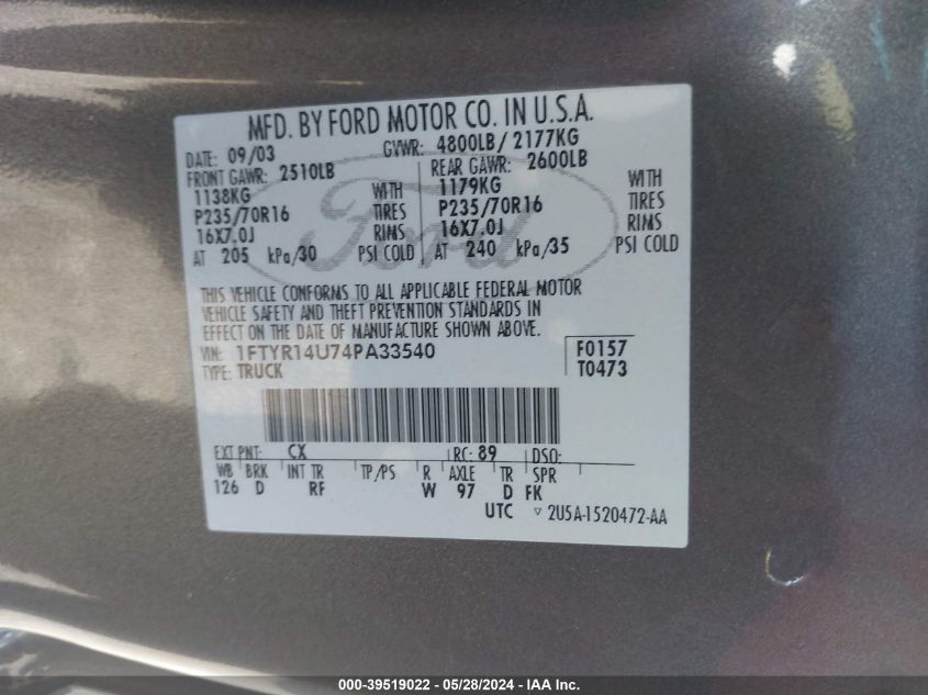 2004 Ford Ranger Super Cab VIN: 1FTYR14U74PA33540 Lot: 39519022